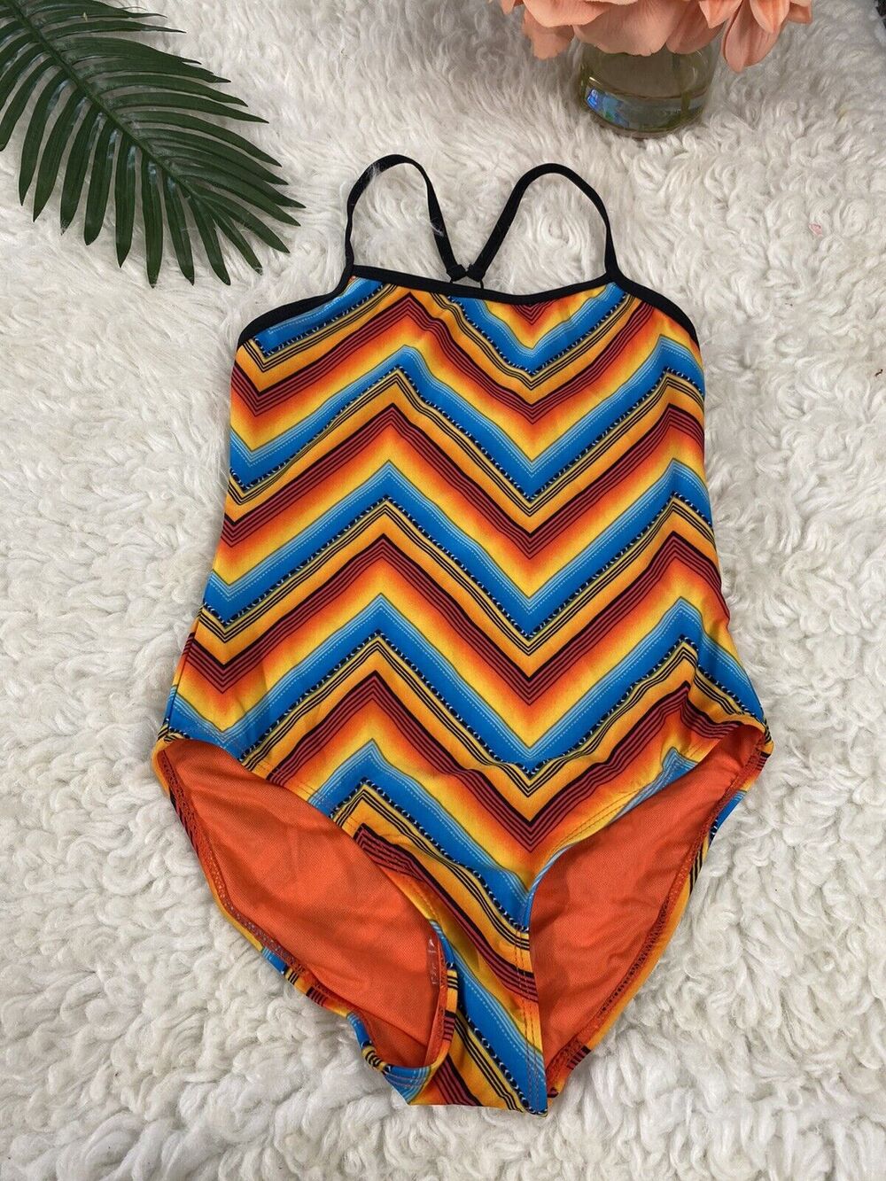 Joe Boxer Girls 1-Piece Swim Suit Multicolor Orange STRIPE NWT size 10
